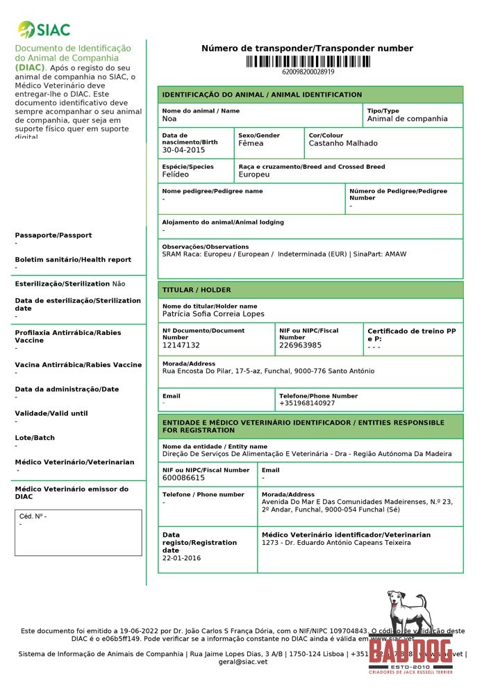 Documento de Identificação do Animal de Companhia. Comprova aposição do microchip e registo na base de dados do SIAC.